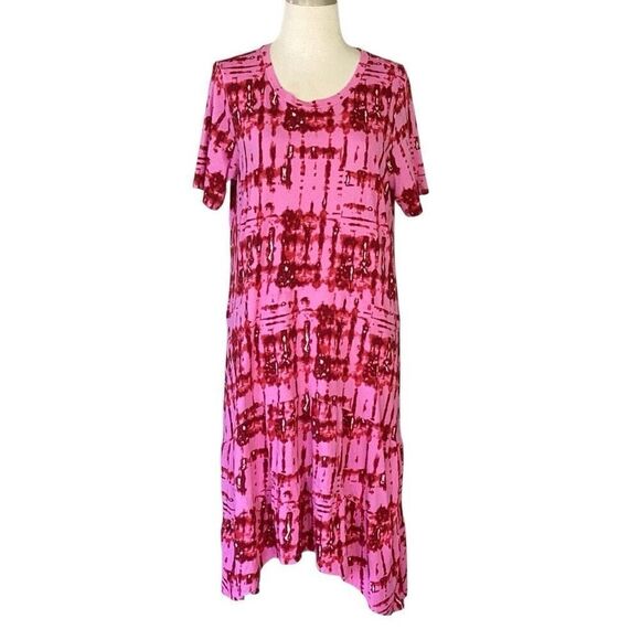 LOGO by Lori Goldstein Womens Pink Red Short Sleeve Tiered Maxi T-Shirt Dress LP - Picture 2 of 8
